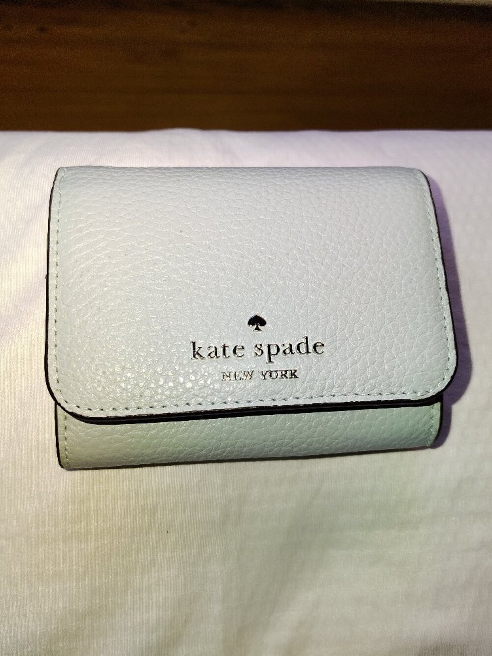 Kate Spade Seafoam Green Leather Compact Wallet Silver Logo